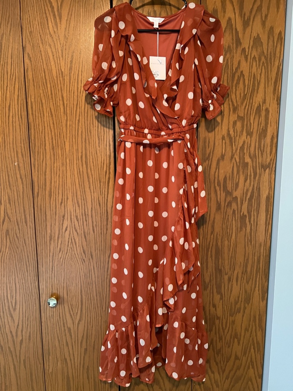 LC Lauren Conrad Rust Polka Dot Wrap Maxi Dress